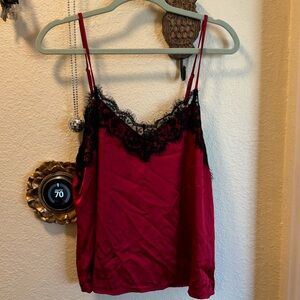 Lace Trim Satin Cami Top - Red